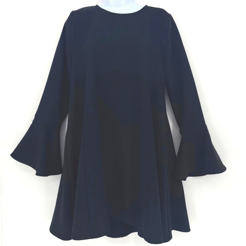 WAYF Black Bell Sleeve Shift Dress Mini Flared Crepe Whimsigoth Witchy Mod M